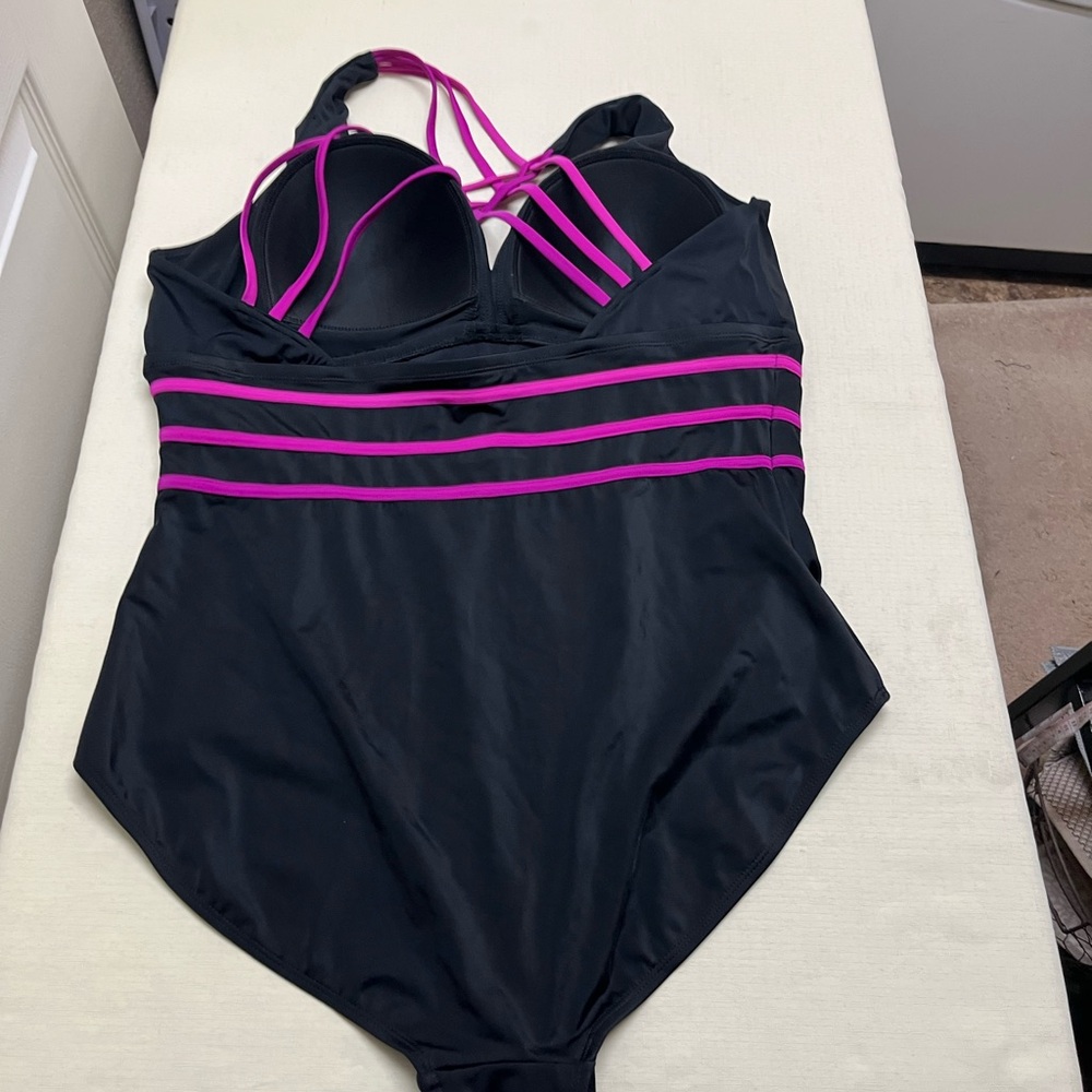 Swimsuits for All size 22 black with pink stripes strappy back swimsuit - Picture 4 of 10